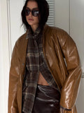 Plain Faux Leather Trench Coat Women V Neck Waist Lace Up Long Full Sleeve Back Split Jacket Winter Street Fashion Outfits 2026