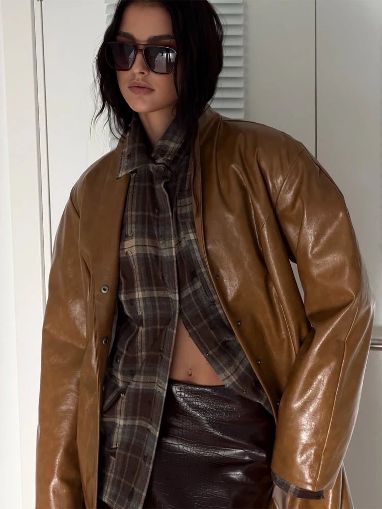 Plain Faux Leather Trench Coat Women V Neck Waist Lace Up Long Full Sleeve Back Split Jacket Winter Street Fashion Outfits 2026