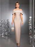 Women Sexy Off the Shoulder Pearl Bead Diamond Bodycon Long Bandage Dress Nightclub Party Evening Birthday Celebrate Wear