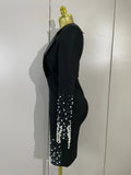 Women Celebrate Eveing Party Club Luxury Birthday Dress Elegant Black V Neck Pearls Beaded Long Sleeves Bodycon Bandage Dress