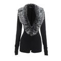 Luxury Fur Deep V Collar Romper Women Full Sleeve Sexy Skinny Fitness Activity Streetwear Hipster Workout Playsuit