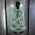 Women Long Sleeve Sexy Mesh Ruffles Bodycon Mini Dress See Through Celebrate Nightclub Party Bar Singer Birthday Wear