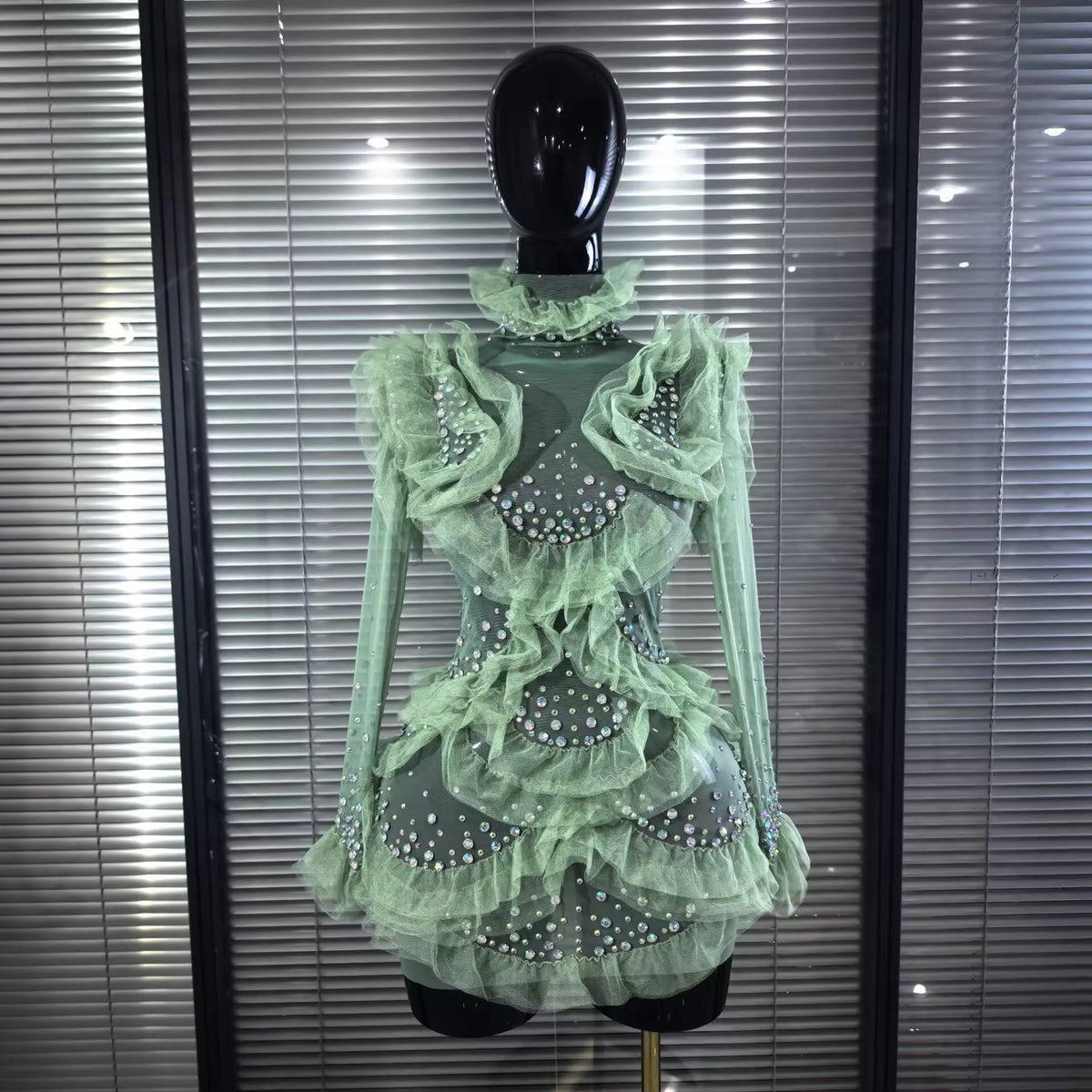 Women Long Sleeve Sexy Mesh Ruffles Bodycon Mini Dress See Through Celebrate Nightclub Party Bar Singer Birthday Wear
