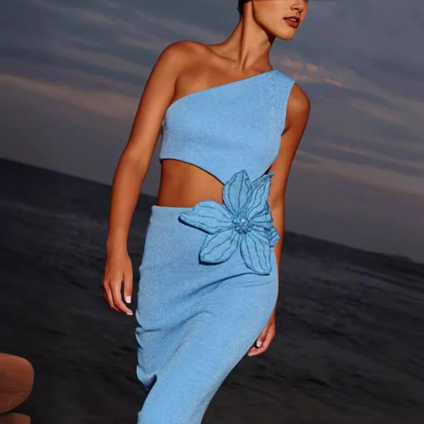 Flower Beads Glam Hollow Waist Slanted Shoulder Blue Dress Fashion Elegant Party Bandage Stage Performance Dress Vestido De Gala