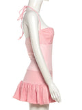 Sweet Sexy Patchwork Dress Women Bow Sleeveless Ruffled Ruffled Hem Elegant Stretch Skinny Vacation Party Clubwear