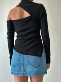 Solid Hollow Out Pullover Sweater For Women Diagonal Collar Long Sleeve Irregular Hem Slimming Sweater Female New
