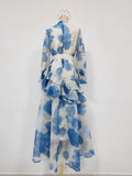 French Vacation Style Floral Print Dress for Women Tie Neck Waist Belt Asymmetrical Ruffle Hem Skirt for Outdoor Photoshoot