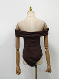 Solid Patchwork Folds Bodysuit for Women V Neck Off The Shoulder Slimming High Waist Sexy Backless Playsuit Female