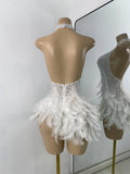 Women Sexy Halter Beading Feather Tight Bodysuit Nightclub Performance Leotard Luxury Party Celebrate Stage Wear