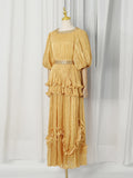 Elegant Chiffon Layered Ruffles Design Dress for Women Short Sleeves Waist Belt Spliced Diamonds Accent for Afternoon Tea
