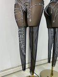 High Street Mesh Spider Web Tight Jumpsuit Performance Dance Costume Luxury Rhinestones Nightclub Bar Stage Leotard