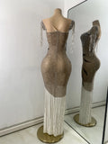 Sparkly Rhinestones Fringes Mesh See Through Maxi Dress Women Elegant Gowns Stage Night Club Celebrate Performance Costume
