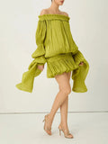 Solid Loose Spliced Folds Dress for Women Slash Neck Long Sleeve Luxury Irregular Dresses Female Summer Fashion New