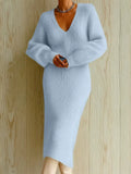 Women Knit Midi Dresses V Neck Bubble Sleeve Fuzzy Bodycon Elegant Party Daily Outfit Autumn 2026