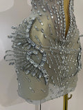 2026 Sexy Deep V Mesh See Through Mini Dress Women Sparkly Silver Diamonds Eveing Party Birthday Bar Nightclub Stage Costumes