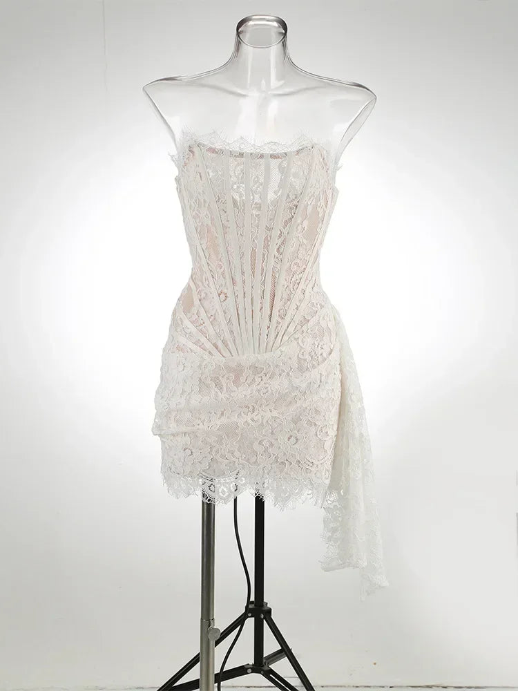 Sexy Lace See-through Patchwork Corset Dress Female Bodycon Elegant Party MIrrgualr Mini Dress Women Tube Top Dress New