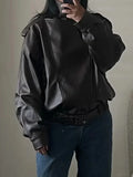 French Retro Pu Leather Jacket for Women Stand Collar Long Sleeve Patchwork Button Temperament Loose Coat Female