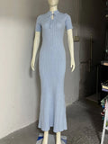 Short Sleeve Knitted Long Dress Female Slim Hollow Retro Elegant Sweater Dress 2025 Summer New High Waist Women‘s Dress