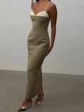 Elegant Women Slip Dress Twill Double‑layer Fabric Spliced Sleeveless Spaghetti Strap Bodycon Casual 2026 Sexy Long Dresses New