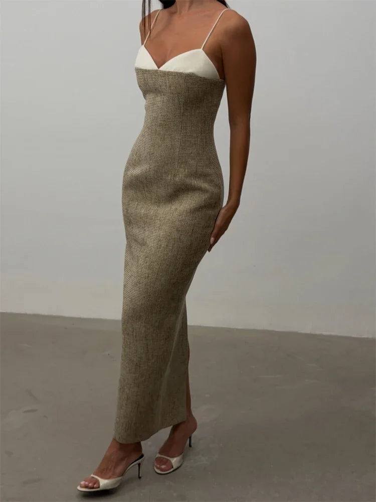 Elegant Women Slip Dress Twill Double‑layer Fabric Spliced Sleeveless Spaghetti Strap Bodycon Casual 2026 Sexy Long Dresses New