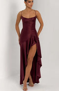 Sexy Satin Long Dress Luxury Ruffles Backless Bandage Evening Dresses Red Burgundy Blue Wedding Guest Cocktail Party Summer New