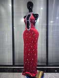 Red Black Women Sexy Halter Off the Shoulder Sparkly Crystal Velvet Bodycon Gowns Dress Celebrate Evening Party Red Carpet Wear