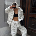 Women Floral Print Hooded Puffer Snow Suit Two Piece Outfit Thick Warm Winter Windproof Ski Jacket Wide Leg Pants Set Outdoor