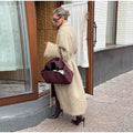 Camel Lapel Collar Coat Women Maxi Brushed Fuzzy Wool Self Tie Belt Waist Cinched Jacket Oversized Chic Autumn Winter Outerwear