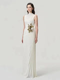 Sexy Stand Collar Flowers Pleated Patchwork Long Dress Women Sleeveless Folds Slim Elegant Dresses Evening Party Gowns