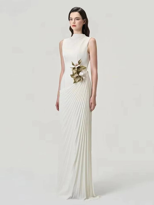 Sexy Stand Collar Flowers Pleated Patchwork Long Dress Women Sleeveless Folds Slim Elegant Dresses Evening Party Gowns