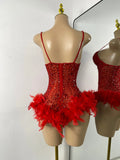 Luxury Women Sexy Shiny Crystal Feathers Hollow Out Bodysuit Nightclub Performance Dance Costume Nightclub Singer Stage Wear