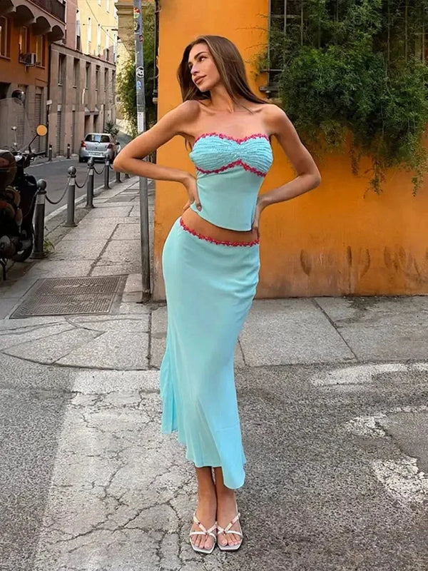 Halter Floral Beach 2 Pieces Sets Women's Backless Crop Top Long Skirt Matching Set Suit Summer Holiday Vacation Party Outfit