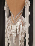 Women Elegant Sparkly Diamond Pearls Leaf Long Sleeves Mesh Sheer Maxi Dress Eveing Birthday Party Sexy Nightclub Stage Costume
