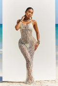 Women's Swimsuit Coverup Crochet Bikini Cover Ups Hollow Out Net Halter Sleeveless Swimwear for Beach 3 Pieces Long Dress