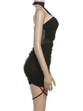 Sexy Cross Bandage Dress Women See Through Y2K Backless Halter Sleeveless Summer Trend Midnight Clubwear Mini Bodycon