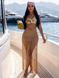 Sexy Cutout Crochet Beach Dress 2026 Summer Women One Shoulder Backless Knitted Sequined Fringe Tassel Midi Dress Clubwear