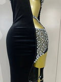 Sexy Photo Shoot Outfit Sparkly Diamonds Side Slit Black Velvet Bodycon Long Dress Women Evening Party Nightclub Stage Costumes