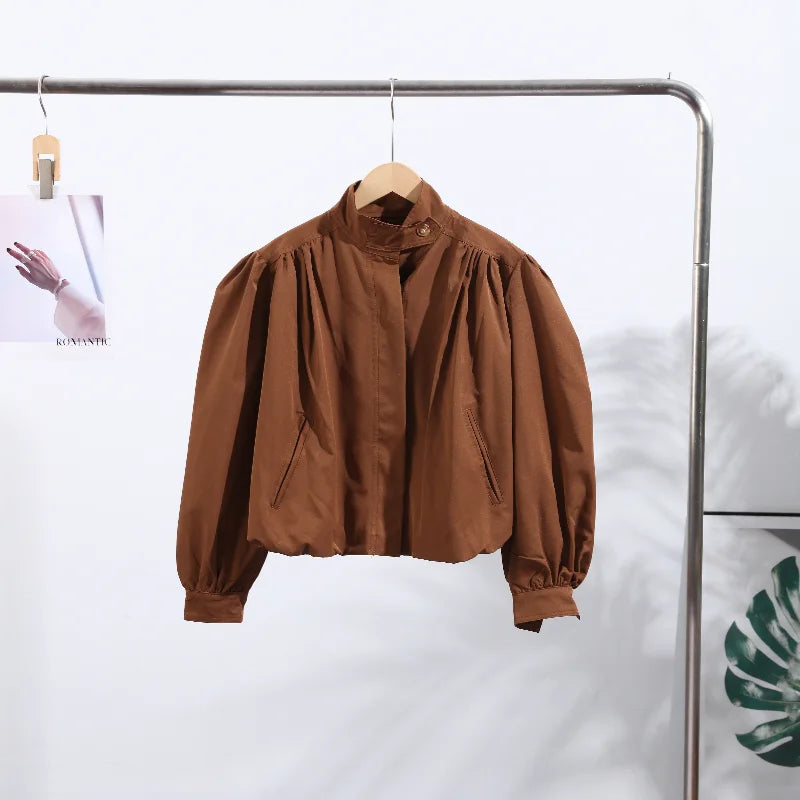 Fashion Shoulder Padded Short Windbreaker Women Solid Full Sleeve Turn-down Collar Single Breasted Coat Lady Autumn Chic Coats