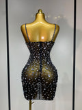 Women Sexy Sleeveless Rhinestone Sheer Mini Bodycon Dress Evening Party Luxury Birthday Bar Nightclub Stage Performance Clothing