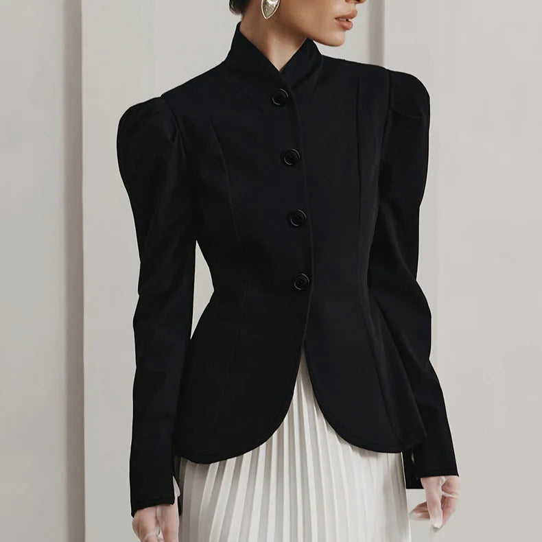 French Elegant Retro Black Blazer for Women Stand Collar Puff Sleeve Slimming Commuter Coats Female Winter Clothing