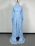 Solid Spliced Ruffles Elegant Dresses For Women Turtleneck Long Sleeved High Wasit Slim Floor Length Dress Female Fashion