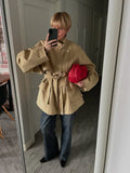 Autumn Fashionable Coat for Women Stand Collar Long Sleeve Patchwork Lace Up Slimming Office Basics Jacket Female