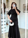 Elegant Patchwork Maxi Dress Women Solid Round Neck Short Sleeve Slim Fit Gowns Lady 2026 New Basic Evening Casual Summer Robes