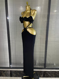 New Style Women Sexy Halter Florals Golden Sequined Bodycon Long Bandage Dress Nightclub Party Celebrate Vacation Birthday Wear