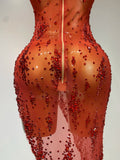Sparkly Crystal Diamond Gold Sexy See-Through Sheath Dress Nightclub Performance Custome Stage Wear Birthday Evening Party Dress