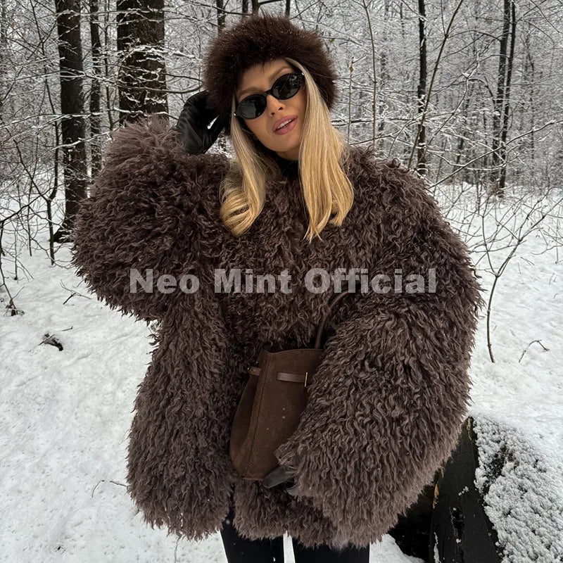 Winter 2026 Hot Chocolate Fluffy Chunky Sheep Fur Coat Women Oversized Overcoat Outerwear Ins Street Fashion Fur Jacket