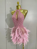 Women Sexy Celebrate Birthday Dress Luxury Rhinestones Pearls Feathers Halter Backless Short Dress Nightclub Bar Stage Costume