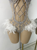 Luxury Women Sexy Shiny Crystal Feathers Hollow Out Bodysuit Nightclub Performance Dance Costume Nightclub Singer Stage Wear