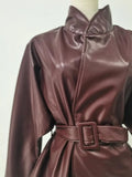 American Retro Burgundy Leather Jacket for Women Stand Collar Long Sleeves Slimming Design Coat Female Winter New