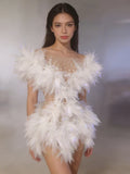 Elegant Off The Shoulder White Mesh See-Through Mini Dress Eveing Party Birthday Sexy Sparkly Rhinestone Nightclub Stage Costume